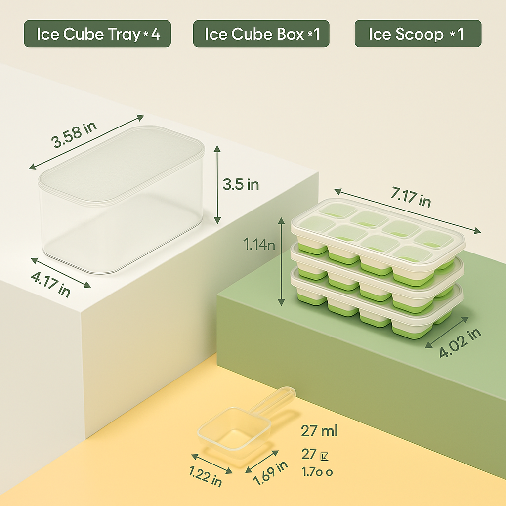 Stackable Silicone Ice Cube Trays - 4-Pack with Storage Bin