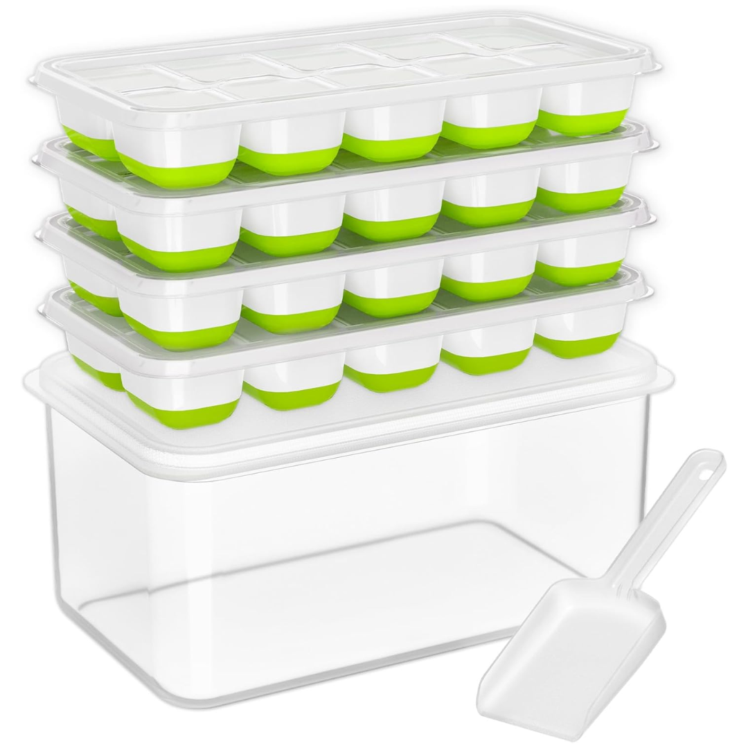 Stackable Silicone Ice Cube Trays - 4-Pack with Storage Bin