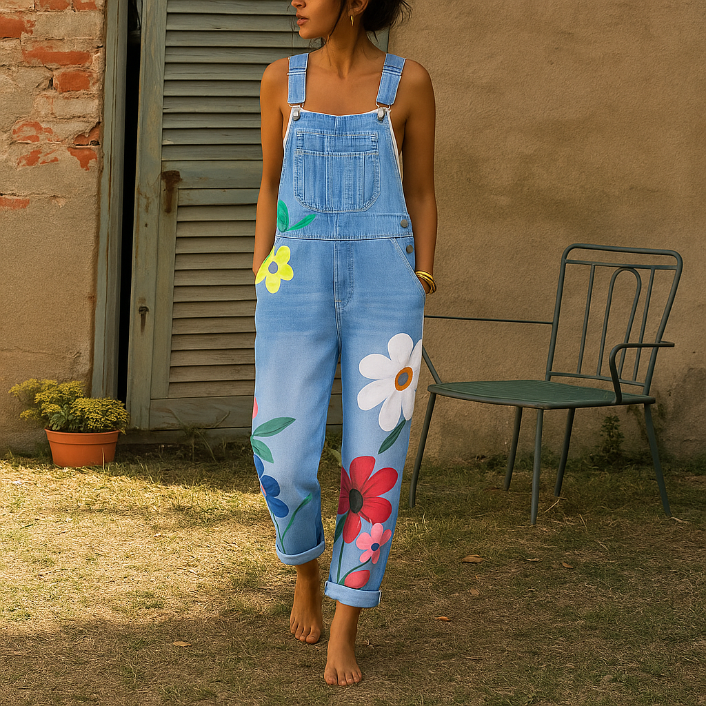 Floral Denim Jumpsuit - Casual Cotton One-Piece Outfit