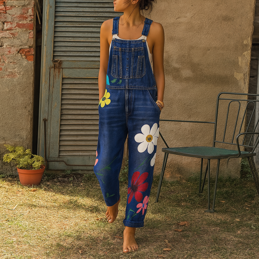Floral Denim Jumpsuit - Casual Cotton One-Piece Outfit