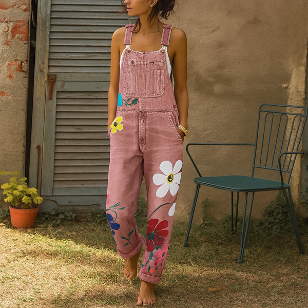Floral Denim Jumpsuit - Casual Cotton One-Piece Outfit