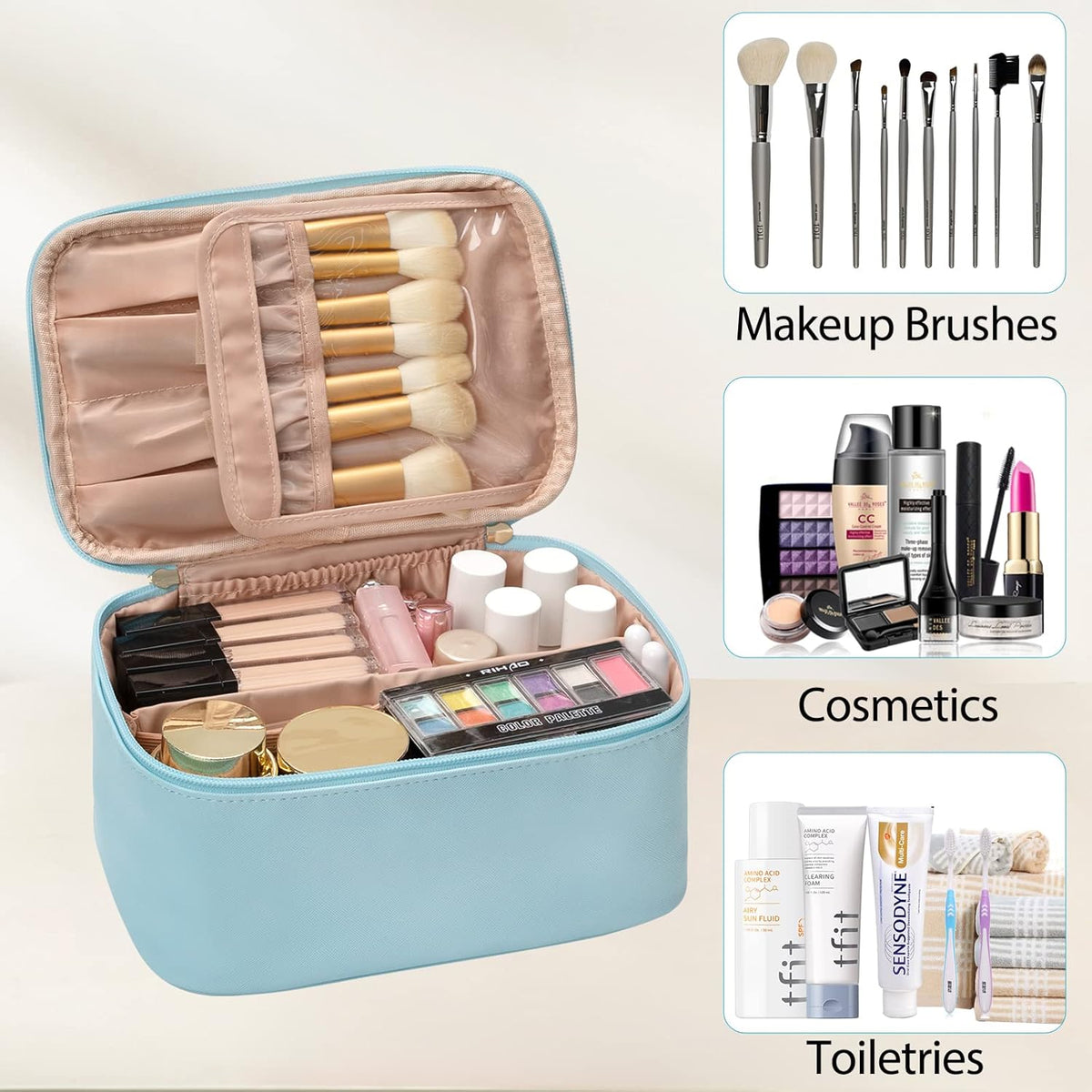 Travel Makeup Organizer - Adjustable Dividers & Sturdy Handle