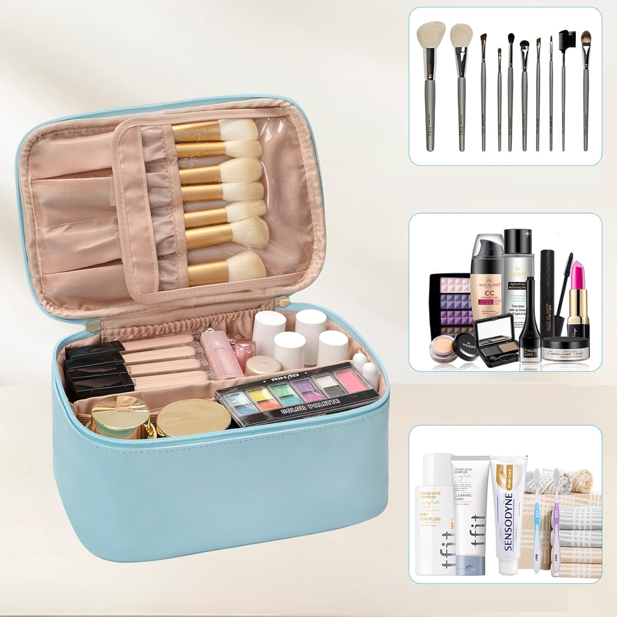 Travel Makeup Organizer - Adjustable Dividers & Sturdy Handle
