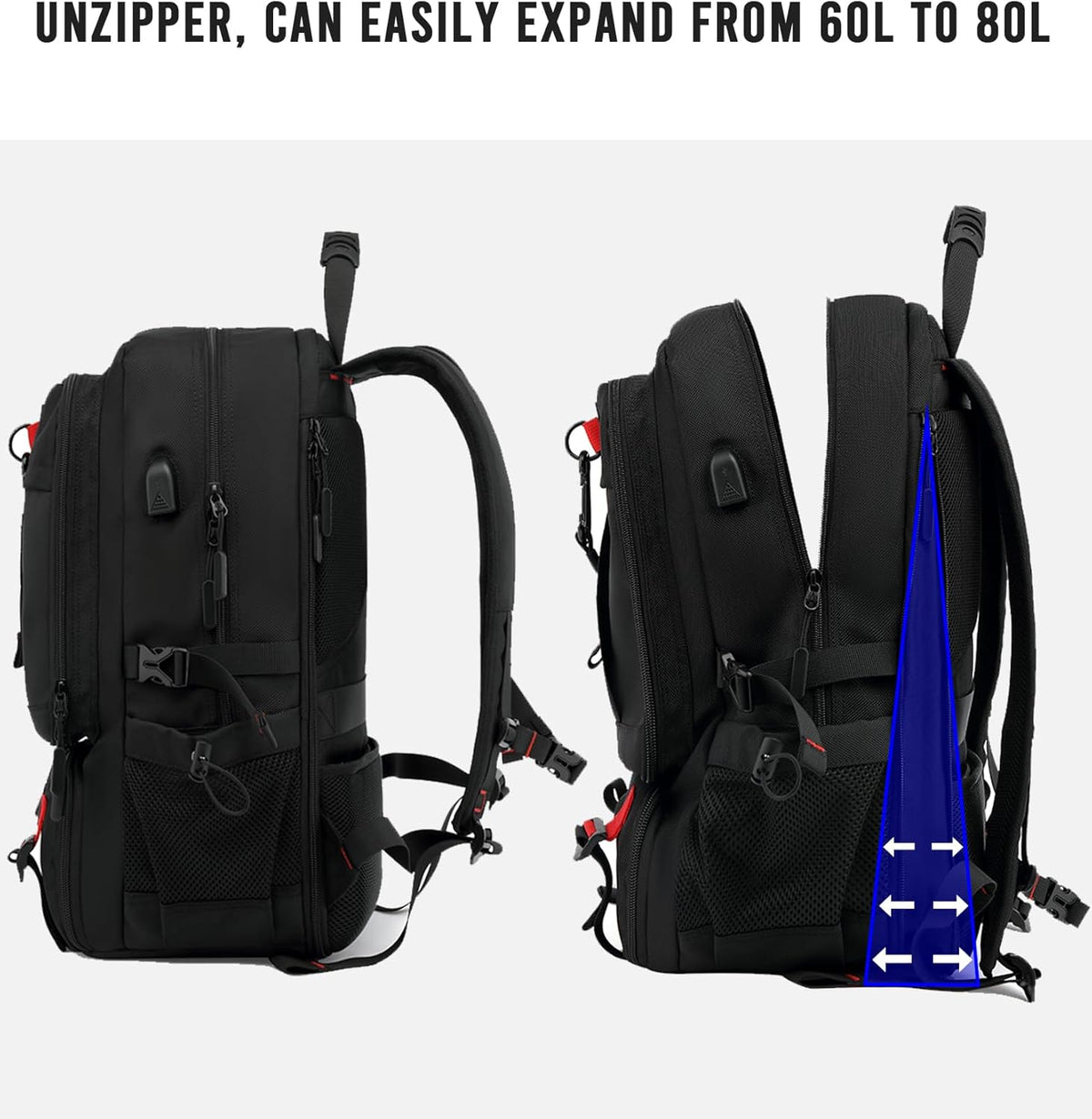 60L Expandable Travel Backpack - Laptop & Shoe Compartment