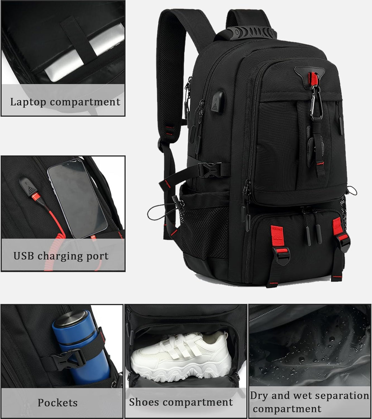60L Expandable Travel Backpack - Laptop & Shoe Compartment