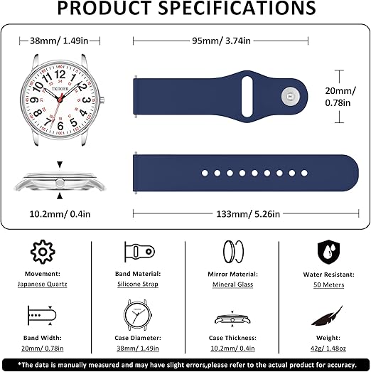 Denny Waterproof Nurses Watch - Luminous Dial, 12/24-Hour Format