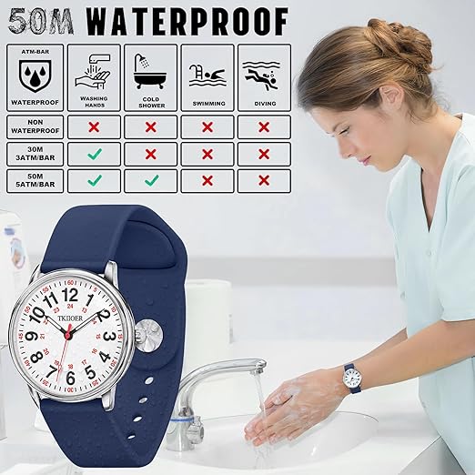 Denny Waterproof Nurses Watch - Luminous Dial, 12/24-Hour Format