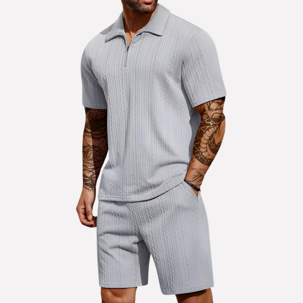 Textured Quarter-Zip Polo & Shorts Set - Casual Two-Piece Comfort