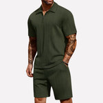 Textured Quarter-Zip Polo & Shorts Set - Casual Two-Piece Comfort