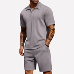 Textured Quarter-Zip Polo & Shorts Set - Casual Two-Piece Comfort