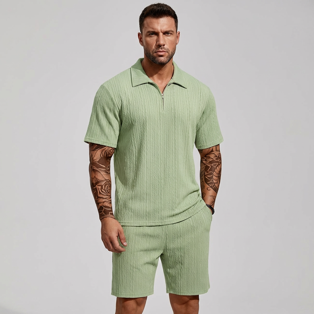 Textured Quarter-Zip Polo & Shorts Set - Casual Two-Piece Comfort