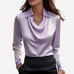 Women's Draped Neck Satin Blouse - Elegant Loose-Fit Top