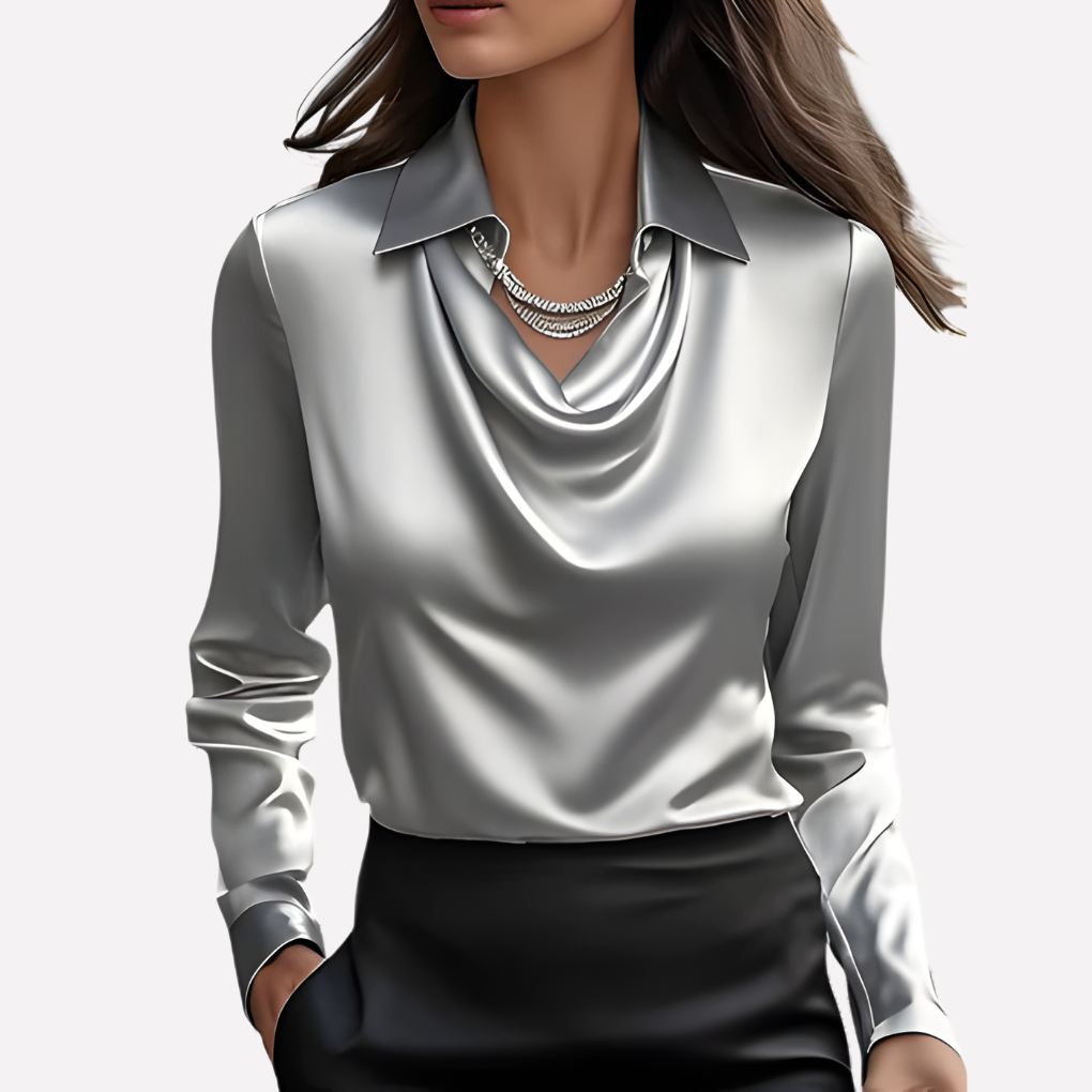 Women's Draped Neck Satin Blouse - Elegant Loose-Fit Top