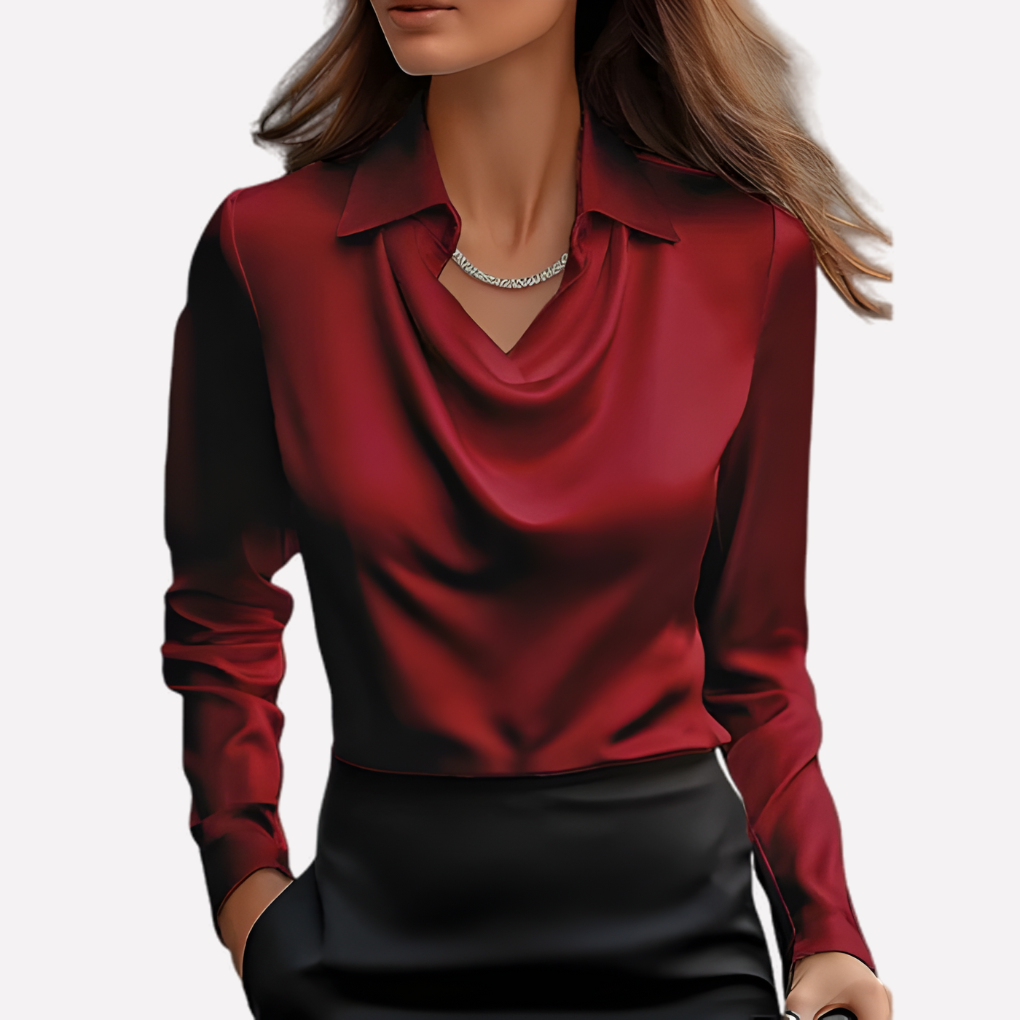 Women's Draped Neck Satin Blouse - Elegant Loose-Fit Top