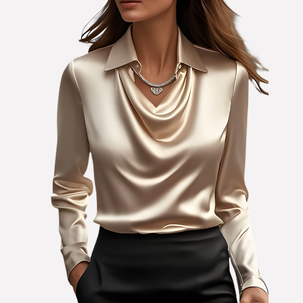 Women's Draped Neck Satin Blouse - Elegant Loose-Fit Top