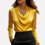 Women's Draped Neck Satin Blouse - Elegant Loose-Fit Top