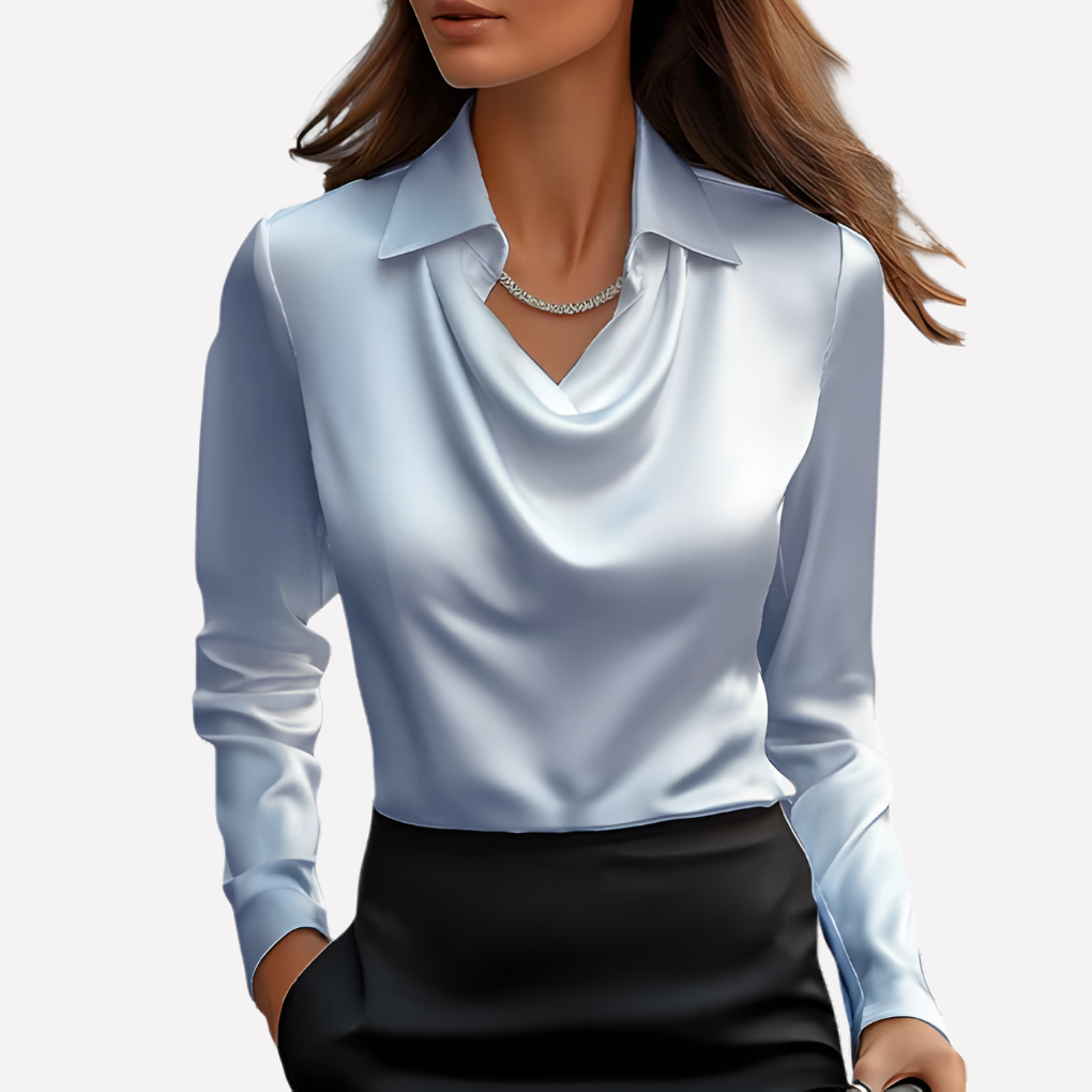Women's Draped Neck Satin Blouse - Elegant Loose-Fit Top