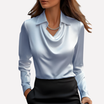 Women's Draped Neck Satin Blouse - Elegant Loose-Fit Top