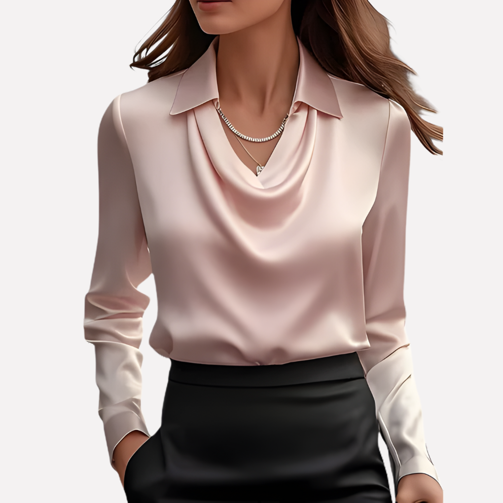 Women's Draped Neck Satin Blouse - Elegant Loose-Fit Top