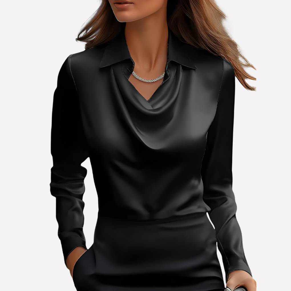 Women's Draped Neck Satin Blouse - Elegant Loose-Fit Top