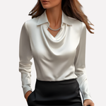 Women's Draped Neck Satin Blouse - Elegant Loose-Fit Top