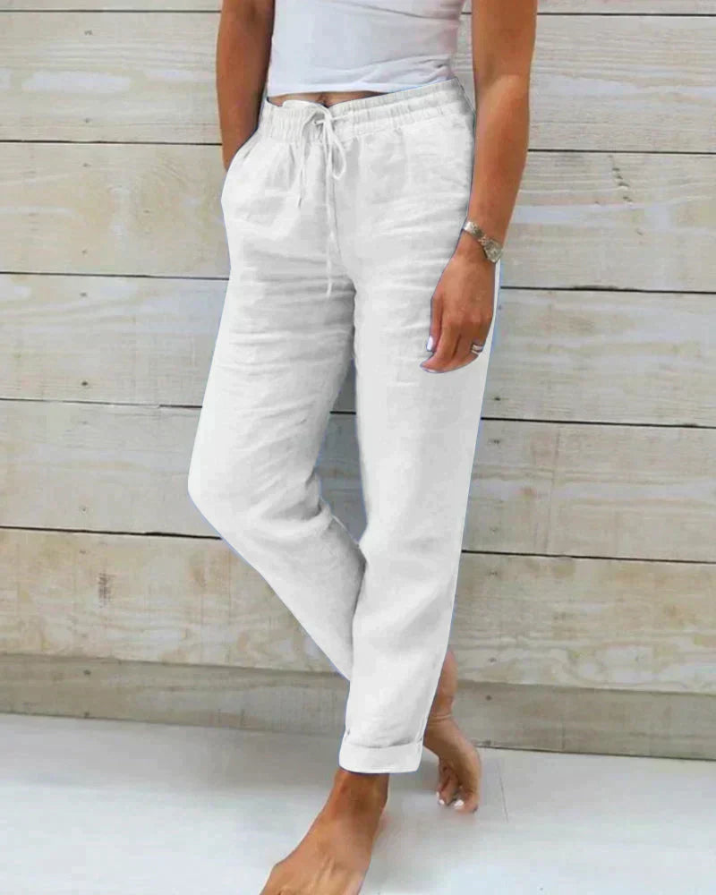 Women's Relaxed Fit Linen Drawstring Trousers - Breathable Everyday Comfort