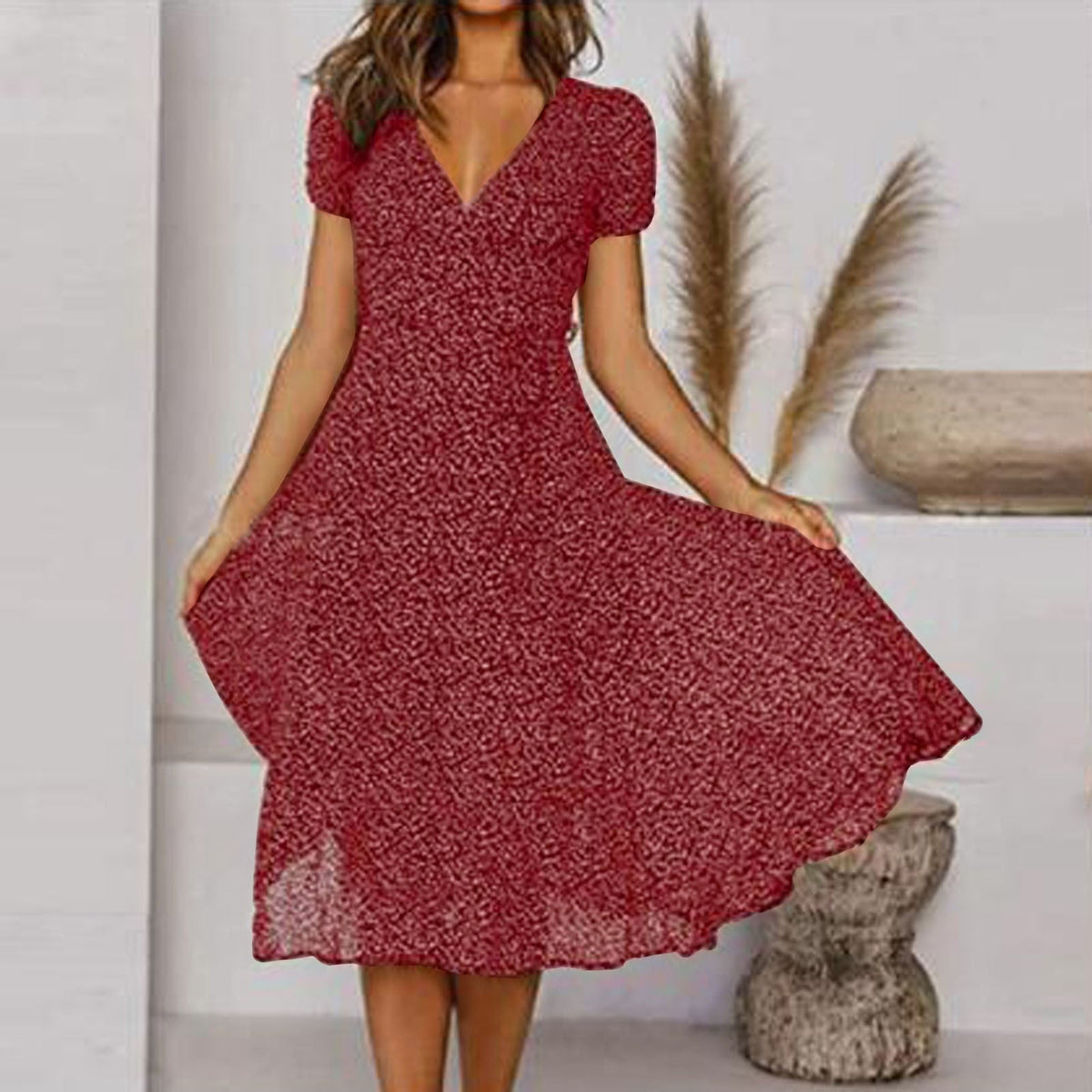 Women's V-Neck Floral Midi A-Line Dress - Sunshine-Ready Style