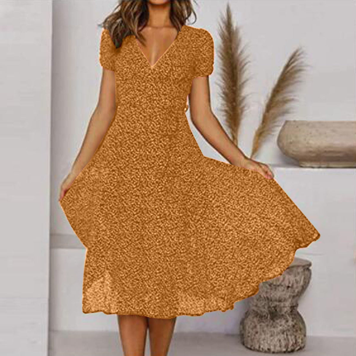 Women's V-Neck Floral Midi A-Line Dress - Sunshine-Ready Style