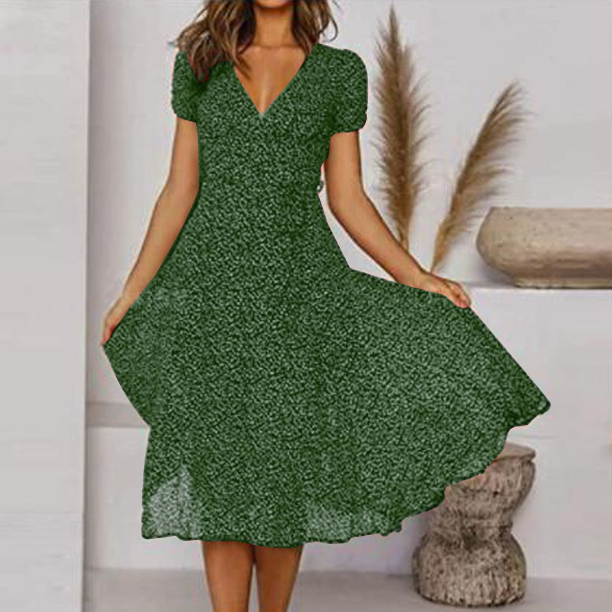 Women's V-Neck Floral Midi A-Line Dress - Sunshine-Ready Style