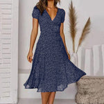 Women's V-Neck Floral Midi A-Line Dress - Sunshine-Ready Style