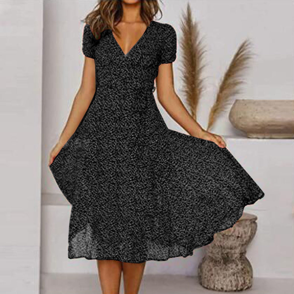 Women's V-Neck Floral Midi A-Line Dress - Sunshine-Ready Style