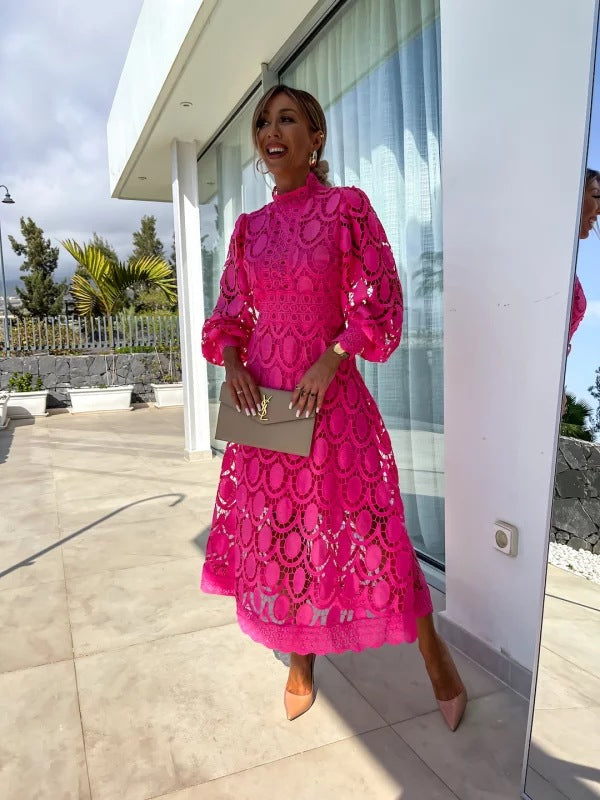 Women's Elegant Lace Midi Dress - Sophisticated Full-Sleeve Style