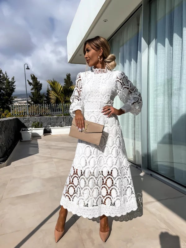 Women's Elegant Lace Midi Dress - Sophisticated Full-Sleeve Style