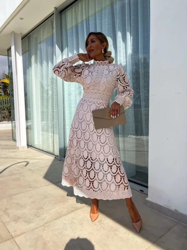 Women's Elegant Lace Midi Dress - Sophisticated Full-Sleeve Style
