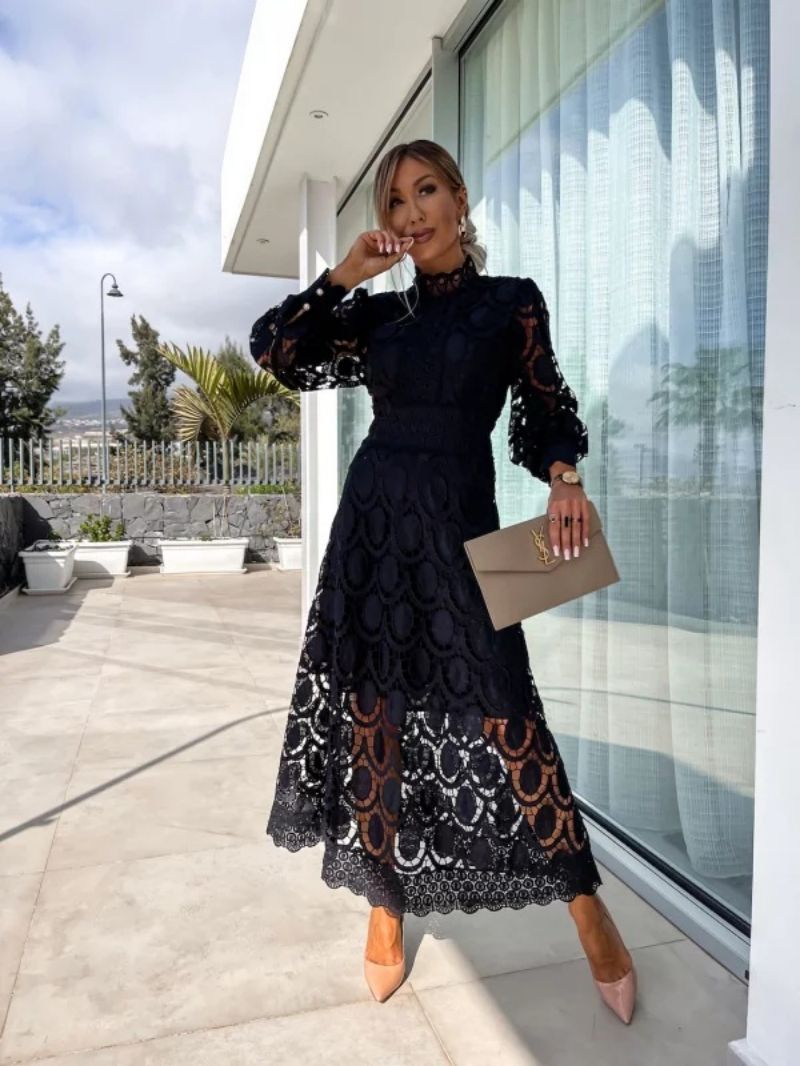 Women's Elegant Lace Midi Dress - Sophisticated Full-Sleeve Style