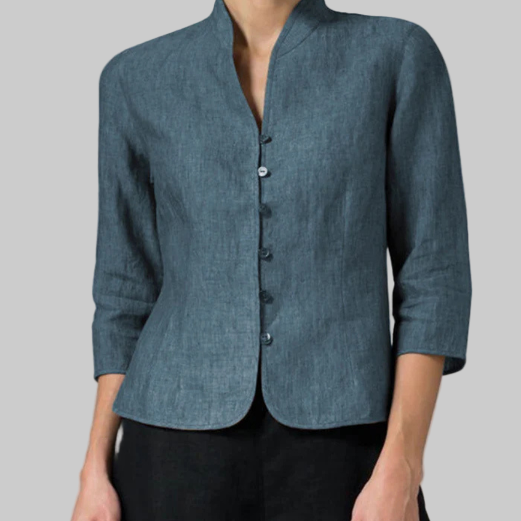 Women's Elegant Stand Collar Blouse - Polished Three-Quarter Sleeve Top