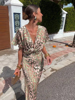 Women's V-Neck Knot Midi Dress - Elegant Wrap-Style Dress