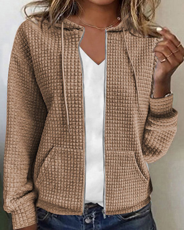 Women's Waffle Knit Zip-Up Hoodie - Cozy Everyday Layer