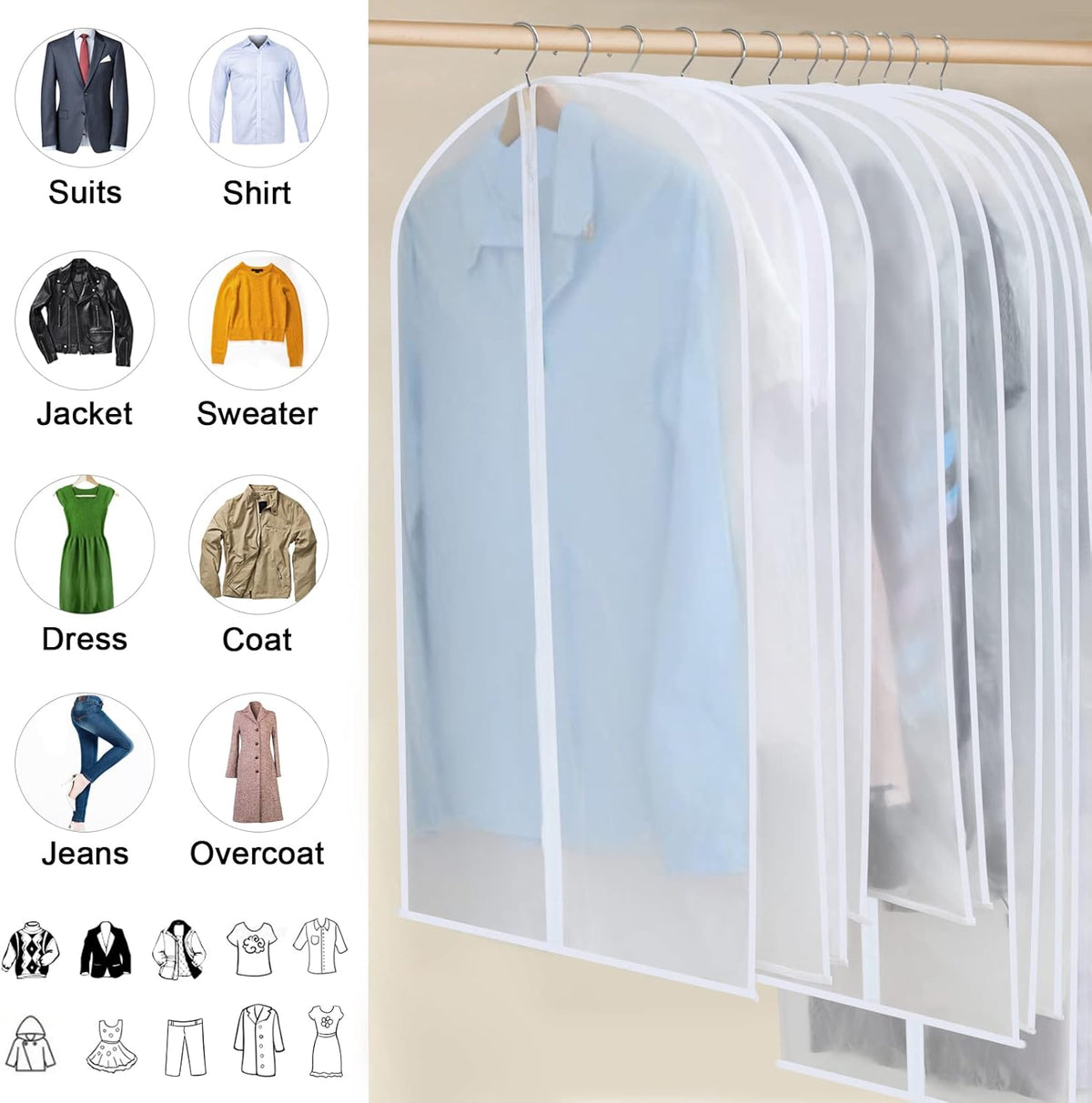 PEVA Garment Cover Set - Breathable Hanging Closet Bags